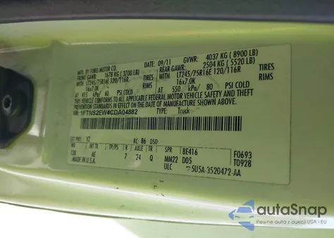 2012 Ford E-250 Commercial z USA, uszkodzony, nr VIN 1FTNS2EW4CDA04882